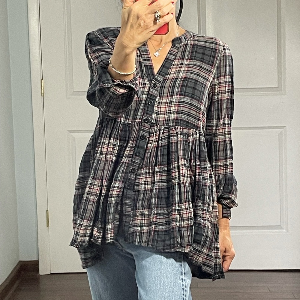 Anthropology 11.1. TYLHO Plaid Babydoll Tiered Peplum Button Down Shirt …